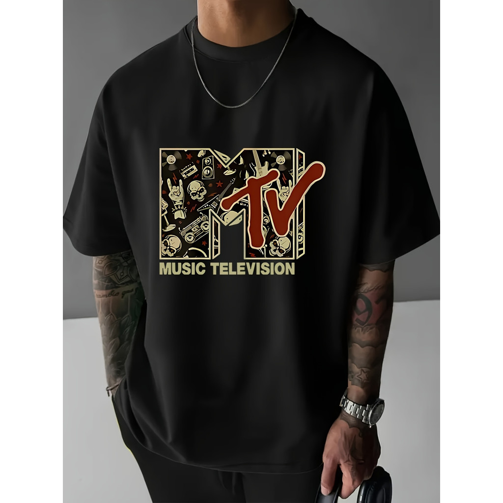 [Camiseta Vintage Masculina Algodão]HYP solta unissex | Estampa clássica do canal de música MTV casual estilo hip-hop