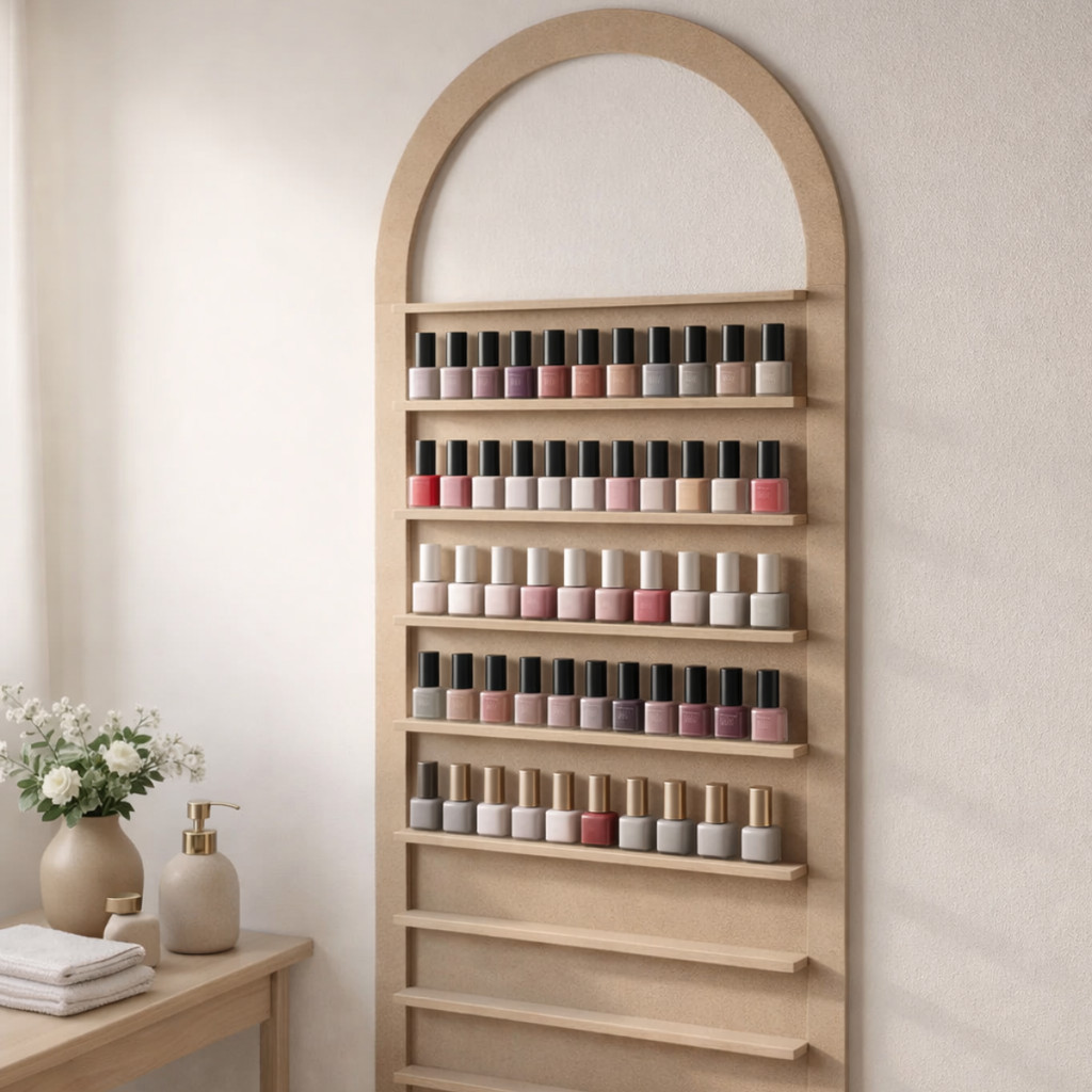 Estante Expositora de Esmaltes em MDF com Arco 10 Prateleiras para Decoração de Salão