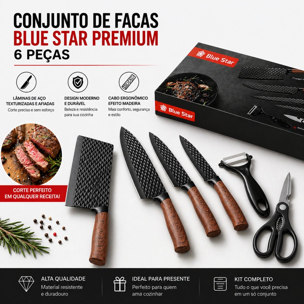 Conjunto De Facas Inox 6 Peças Antiaderente Com Cabo Reforçado Descascador E Tesoura Cozin...