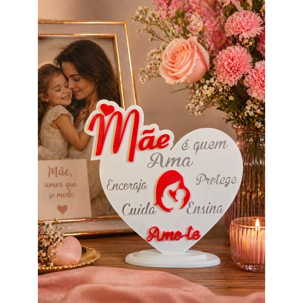 Escultura Decorativa Coração Mãe Amor Carinho Presente Dia das Mães Estatueta 3D Mesa