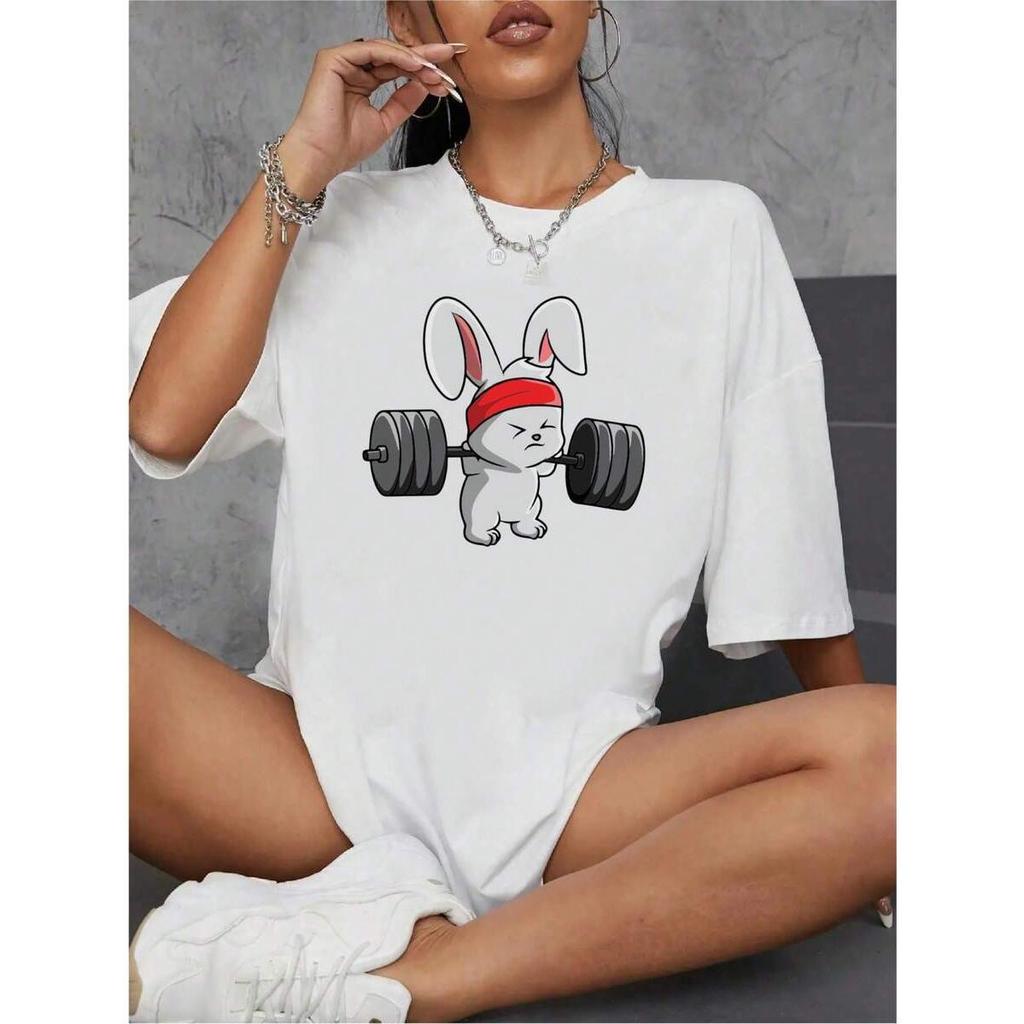 Camiseta Feminina Blusinha Adulto Infantil Plus Size Casual Street Wear  Moda Coelho Peso Barra Academia Gym Lebre