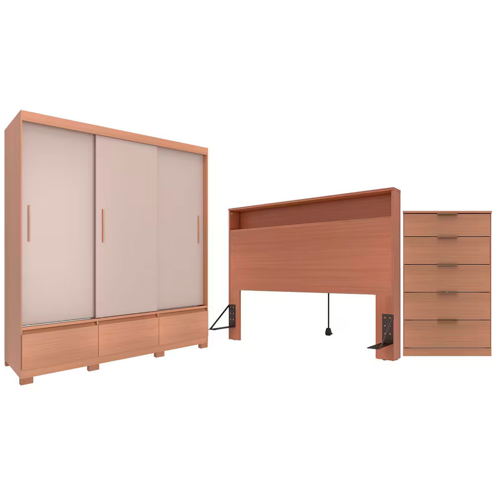Guarda Roupa Bartira Monza com 3 Portas de Correr e 3 Gavetas Cmoda Versatti com 5 Gavetas Cabeceira para Cama Box Casal