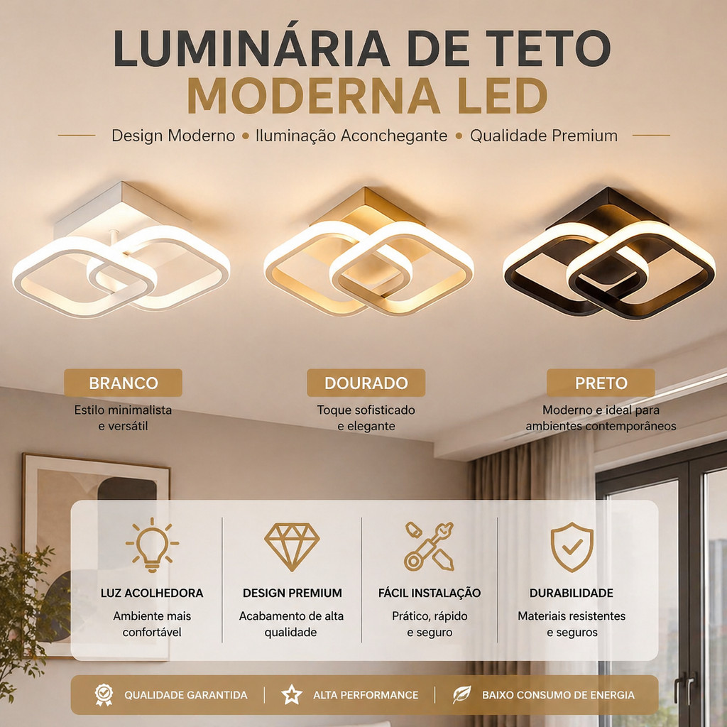 Luminária De Led Sobrepor Quadrada Moderna 3 Em 1 Bivolt