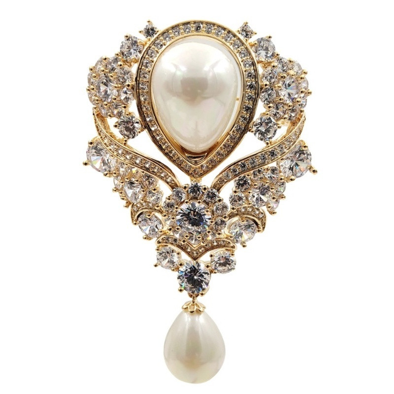 Pergaminho De Fita Vintage Imitado Pérola Gota De Broches De Casamento Gold Tone Pave Floral Teardrop Luxo Jóias De Alfi