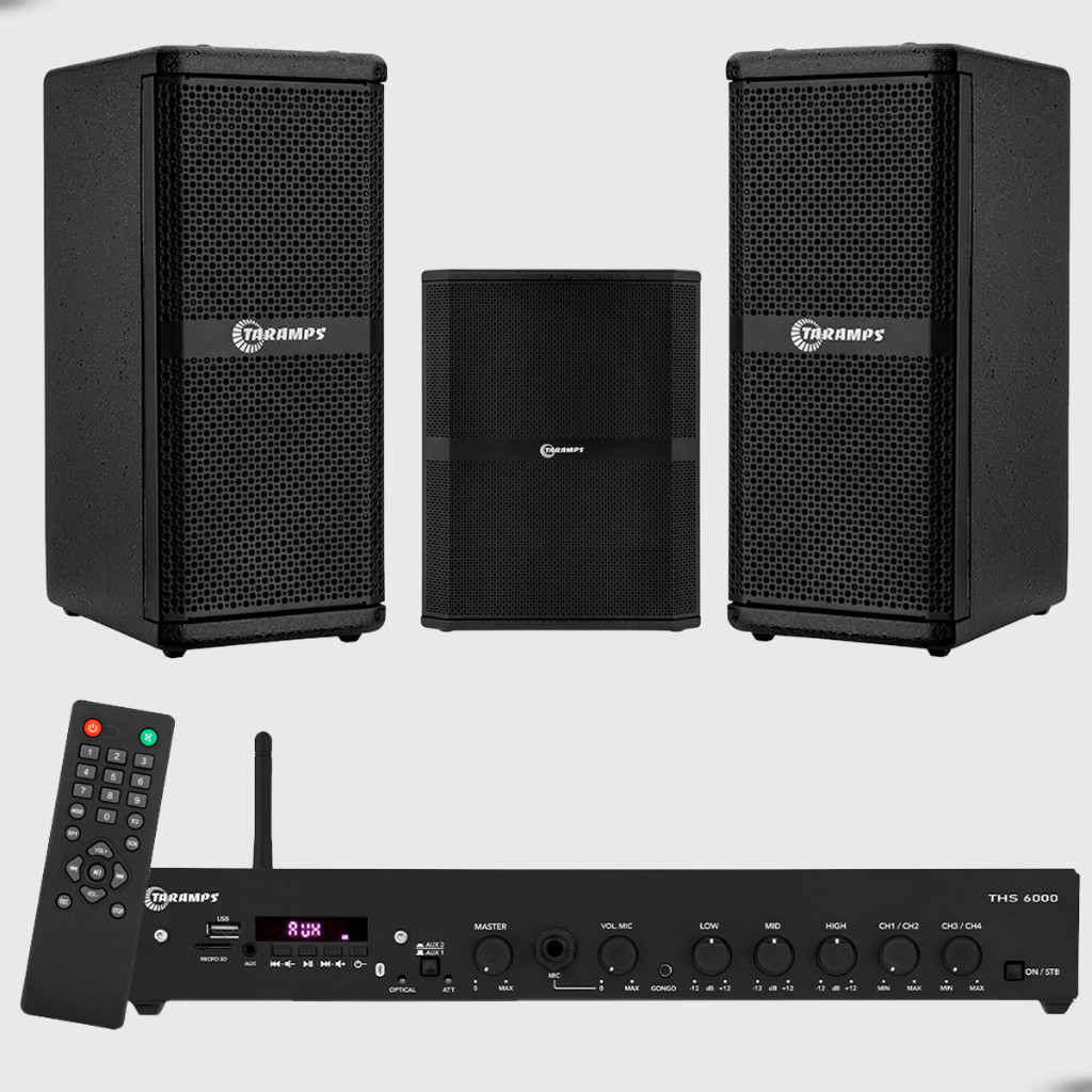 Kit Som Ambiente Taramps 2 Caixa de Som Acústica T 200 Amplificador Taramps THS 6000 e 1 Caixa de Som subwoofer T 1200