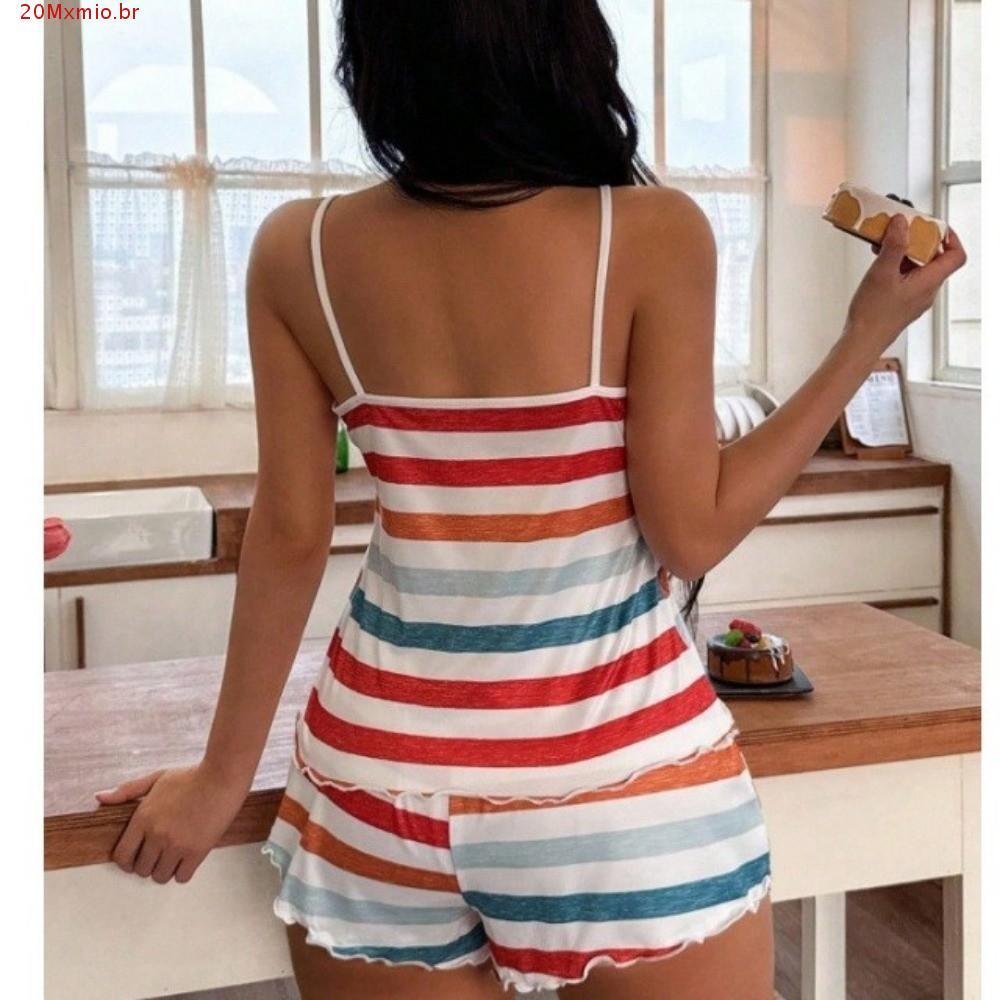 Imagem Conjunto De Pijamas Listrados MXMIOB , Loungewear Colorido Com Babados , Roupa De Dormir Confortável Sem Mangas De Duas 