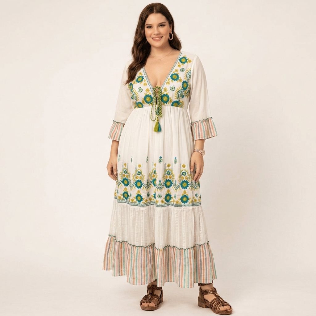 Vestido Longo Indiano Manga 3/4 Estampado com Bordados