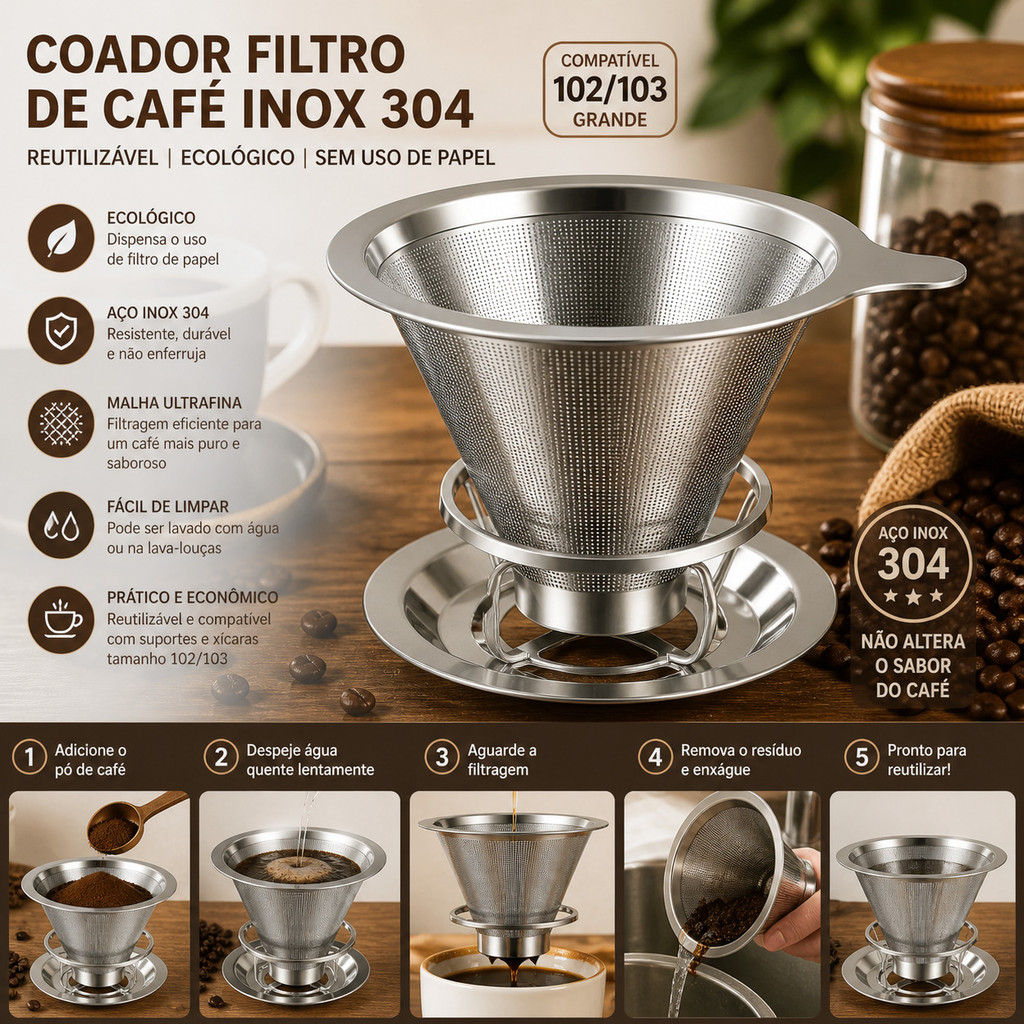 Coador de Café Inox 304 Reutilizável com Suporte Tamanho 102/103 Filtro Permanente Ecológico Sem Papel Grande---WJ