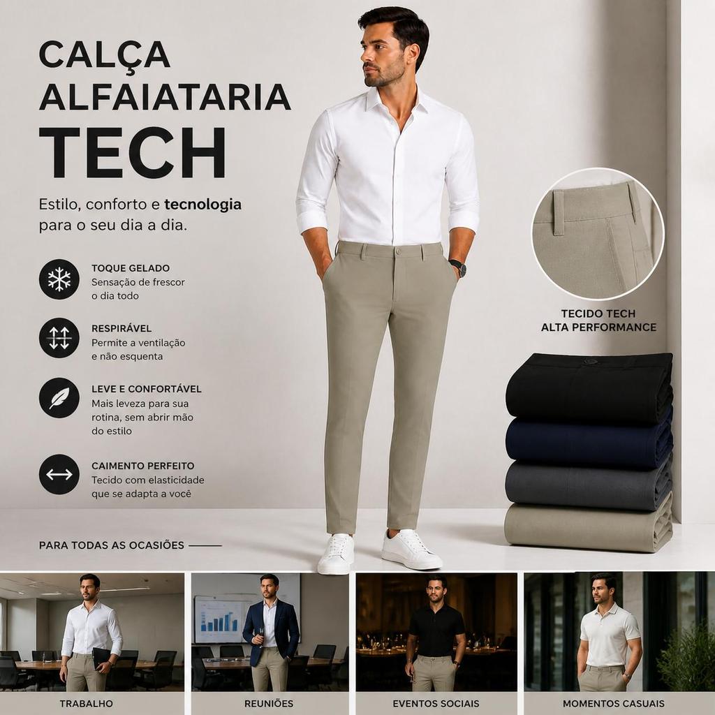 Calça Alfaiataria Slim Masculina Premium Tecido Tech Gelado, Não Amassa, com Elastano