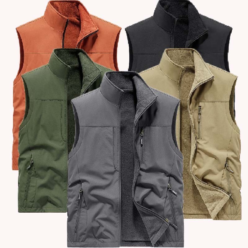 Lazer Ao Ar Livre Masculino Solto Zíper Multi-Bolso Esportes Caminhadas Mais Veludo Colete Tamanho Grande