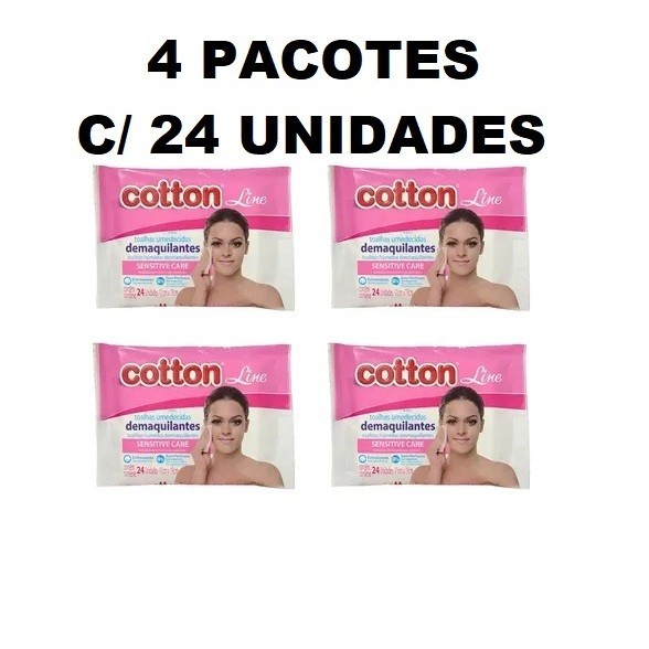KIT 4 PACOTES DE TOALHA UMEDECIDAS DEMAQUILANTE COTTON 24 UNIDADES LENÇO SENSITIVE CARE