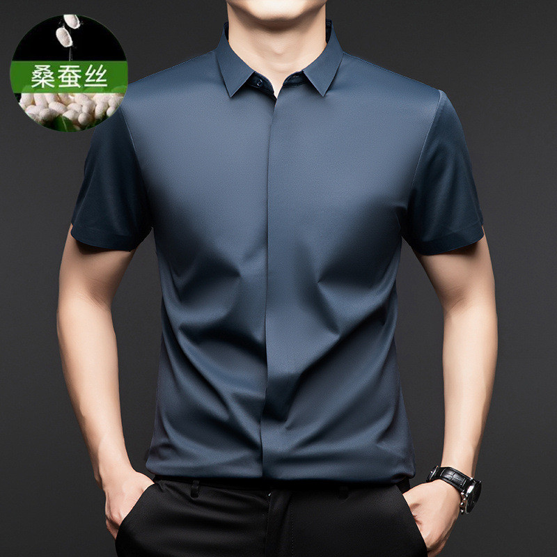 Camisa elástica de manga curta masculina verão negócios Casual cor sólida camisa de seda gelo roupas masculinas
