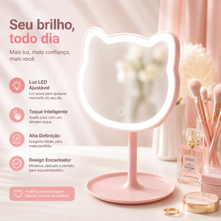 Espelho De Mesa Gatinho Maquiagem Led Touch Articulado USB
