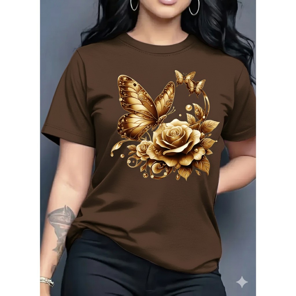 Camiseta Feminina Borboleta & Flor – Estampada, 100% Algodão, Confortável e Estilosa