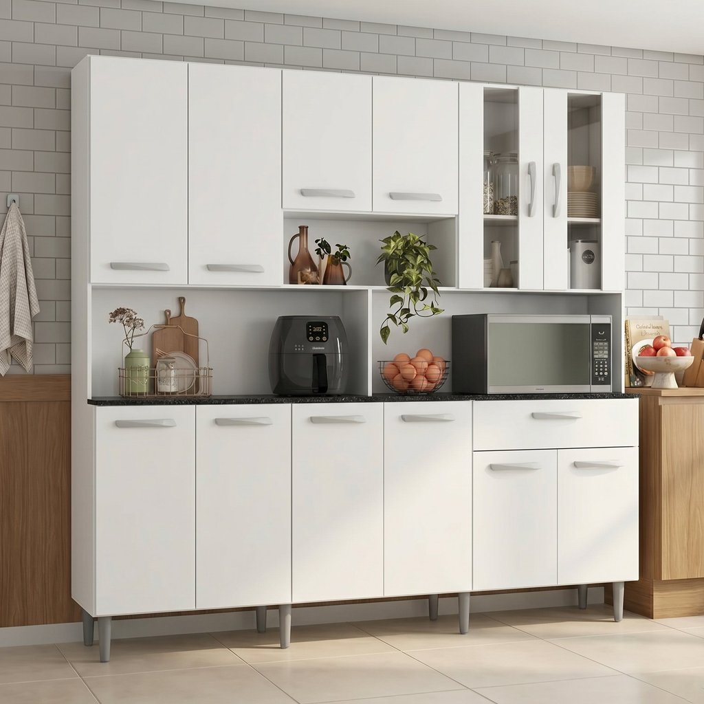 Armário de Cozinha 12 Portas 1 Gaveta com Vidro e Tampo Clara Yescasa Branco Branco