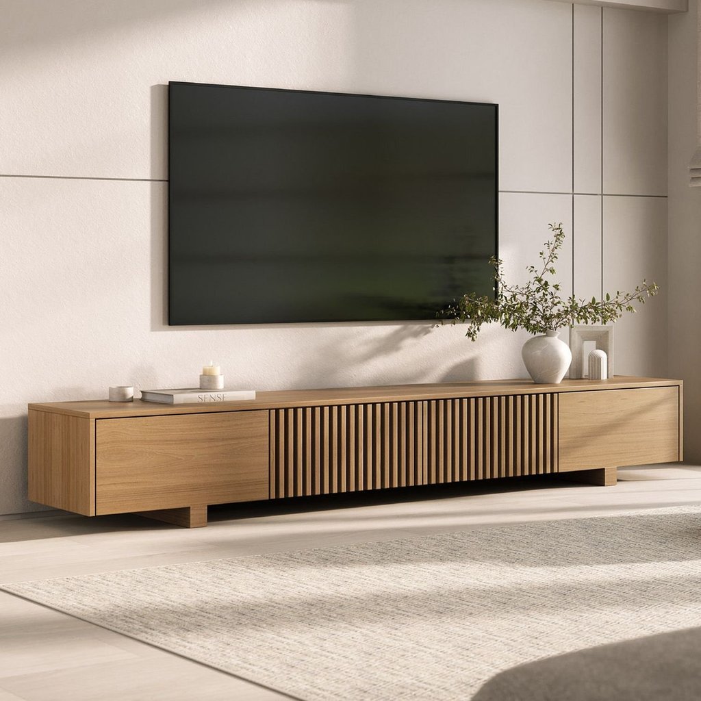 Rack para TV até 75 Polegadas 210cm Portas Ripadas Aruá CabeCasa MadeiraOriginals Marrom Jatobá 210
