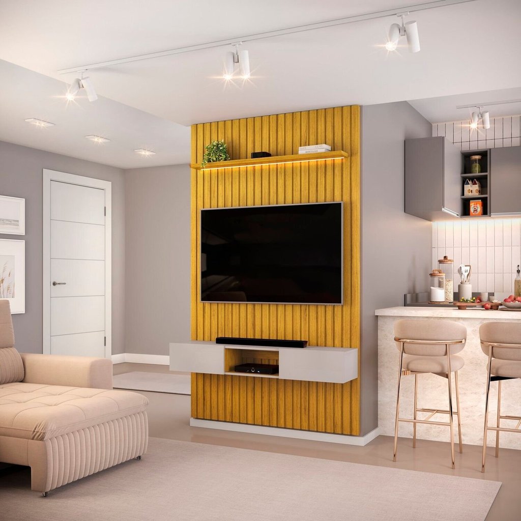 Painel Ripado para TV até 60 Polegadas com MDF 143cmx240cm Nicho e Led Trento Marrom Cedro/Bali Cedro/Bali