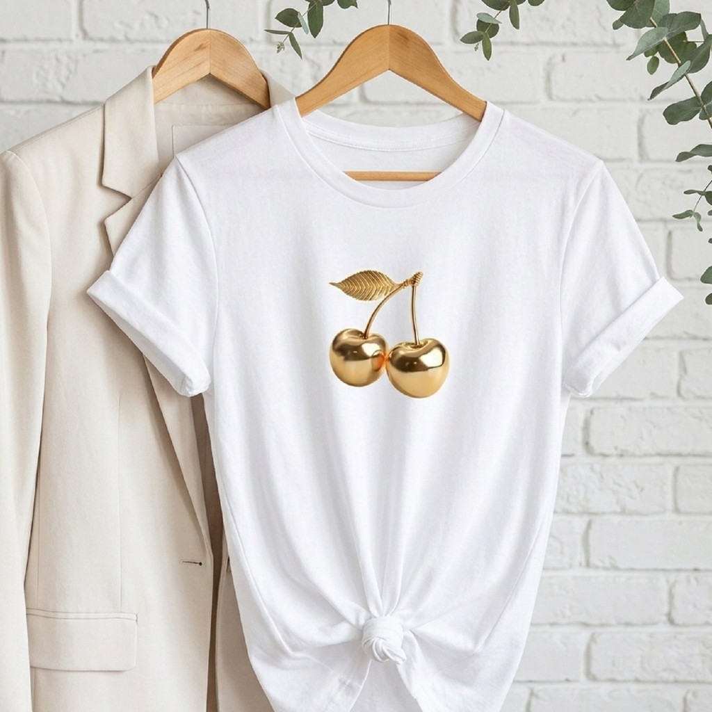 Camiseta Básica Casual Feminina Estampada Cereja Dourada Estilosa Premium Academia Treino Presente