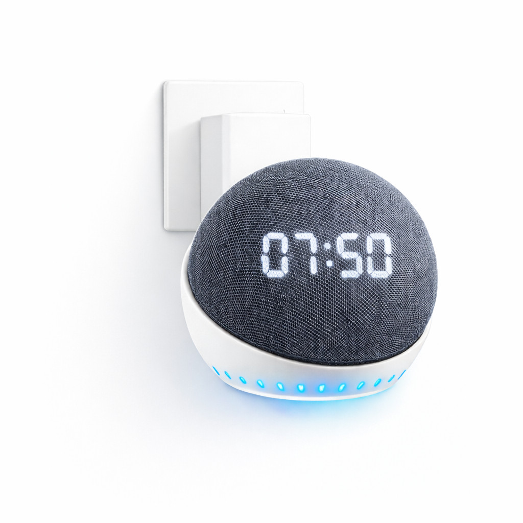 Suporte Tomada Amazon Alexa Echo Dot 4 e 5 Geração Sem Furadeira Organiza Fios Preto/Branco