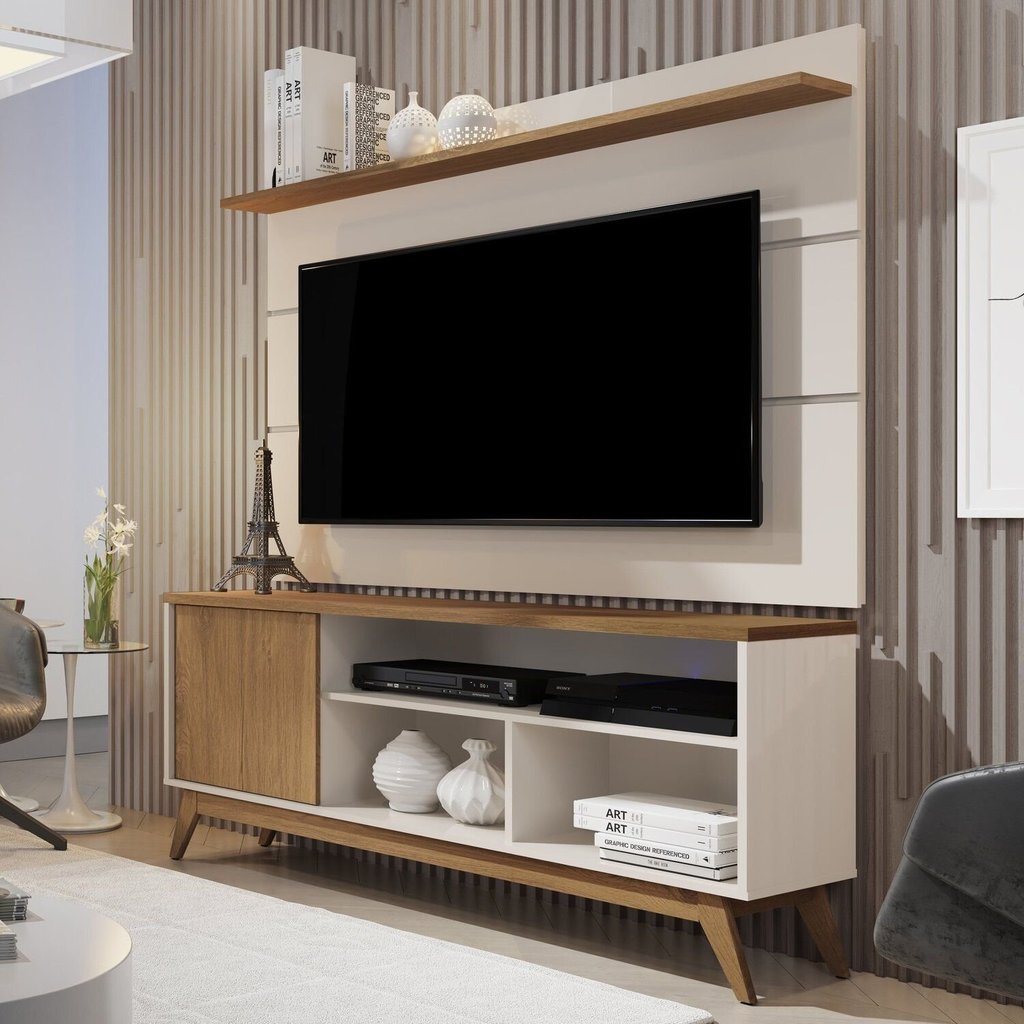 Rack com Painel Retrô para TV até 60 Polegadas MDF 136cmx133cm Pés em Madeira Maciça Malbec Wood Bege Off