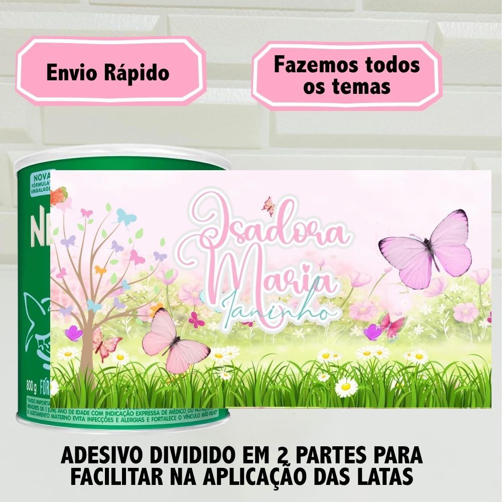 Rótulo Adesivo Lata de Leite 800g Jardim de Borboleta Encantado Todos os Temas Lembrancinha de Aniversário Personalizado