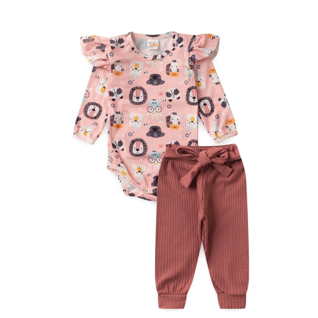 Conjunto Bebê Body Estampado e Calça Canelada