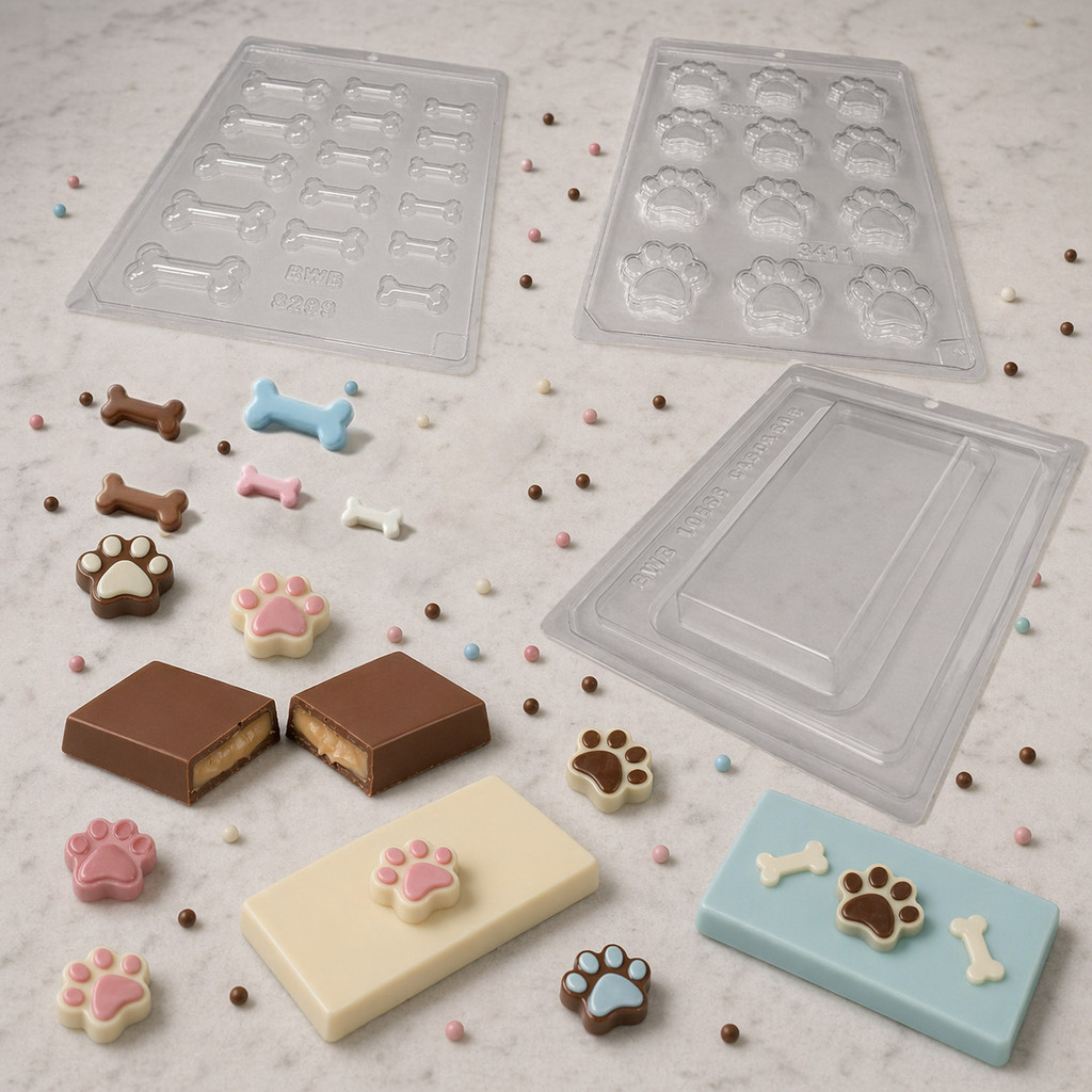 Kit 3 Formas para Chocolate BWB Barra Lisa Especial c/ Silicone + Osso + Pata Simples