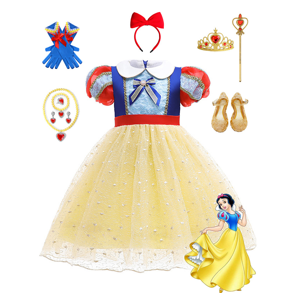 Verão menina neve branco vestido puff manga curta gaze puff saia boneca gola sobre o joelho saia flor menina um-