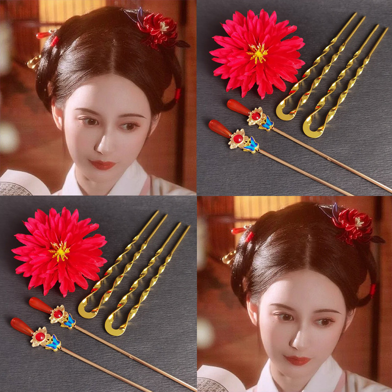 Traje antigo Ming feito saia forma cocar simples Retro bonito vara hairpin em forma de u hairpin flor de seda vermelha h