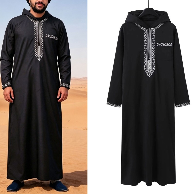 zzz Masculino Muçulmanos Kaftan Robe Islâmico Com Capuz Mangas Compridas Túnicas Abaya Solto Caftan