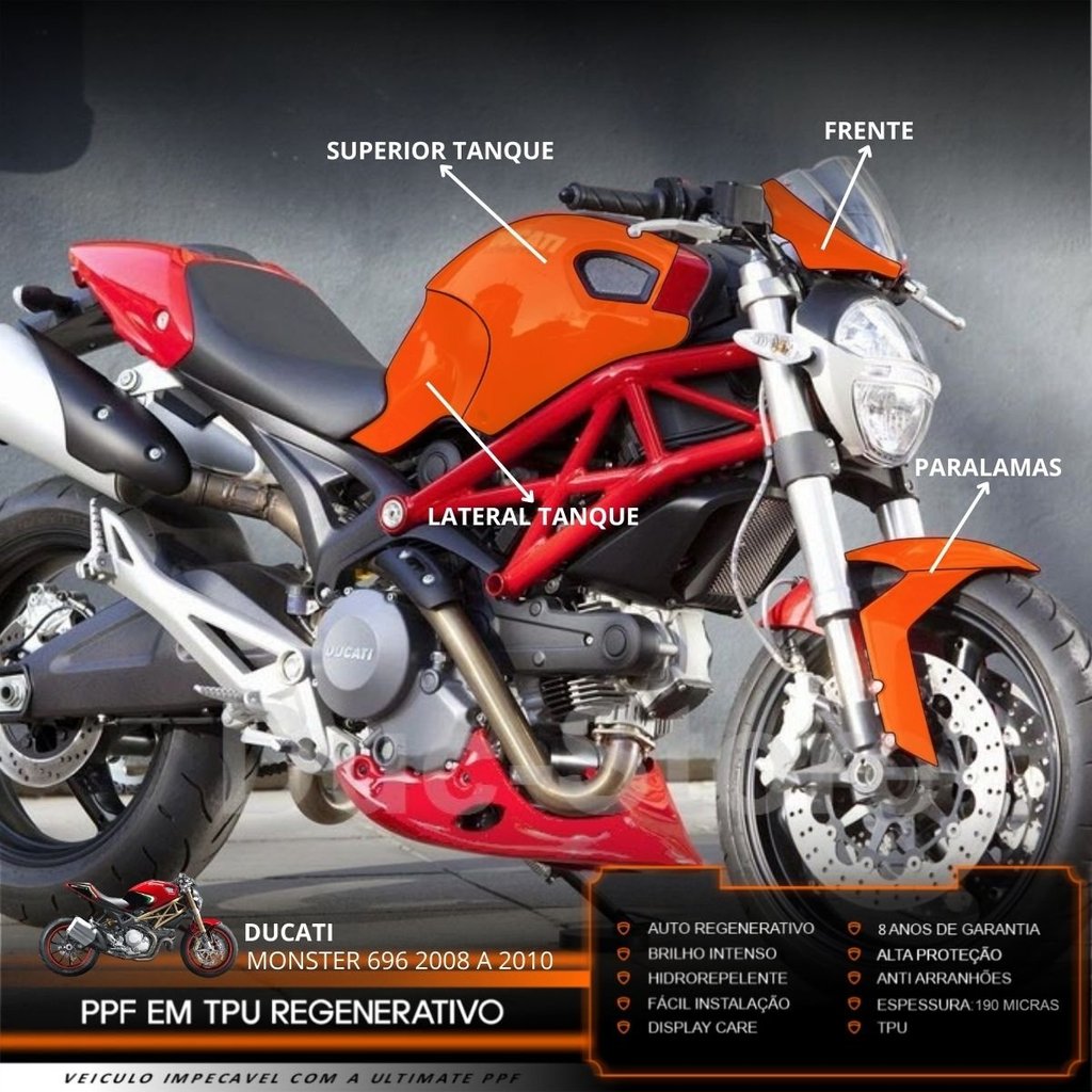 Película PPF Proteção Kit Semi Full Ducati Monster 696 Moto 2008 2009 2010 Transparente TPU Anti Risco