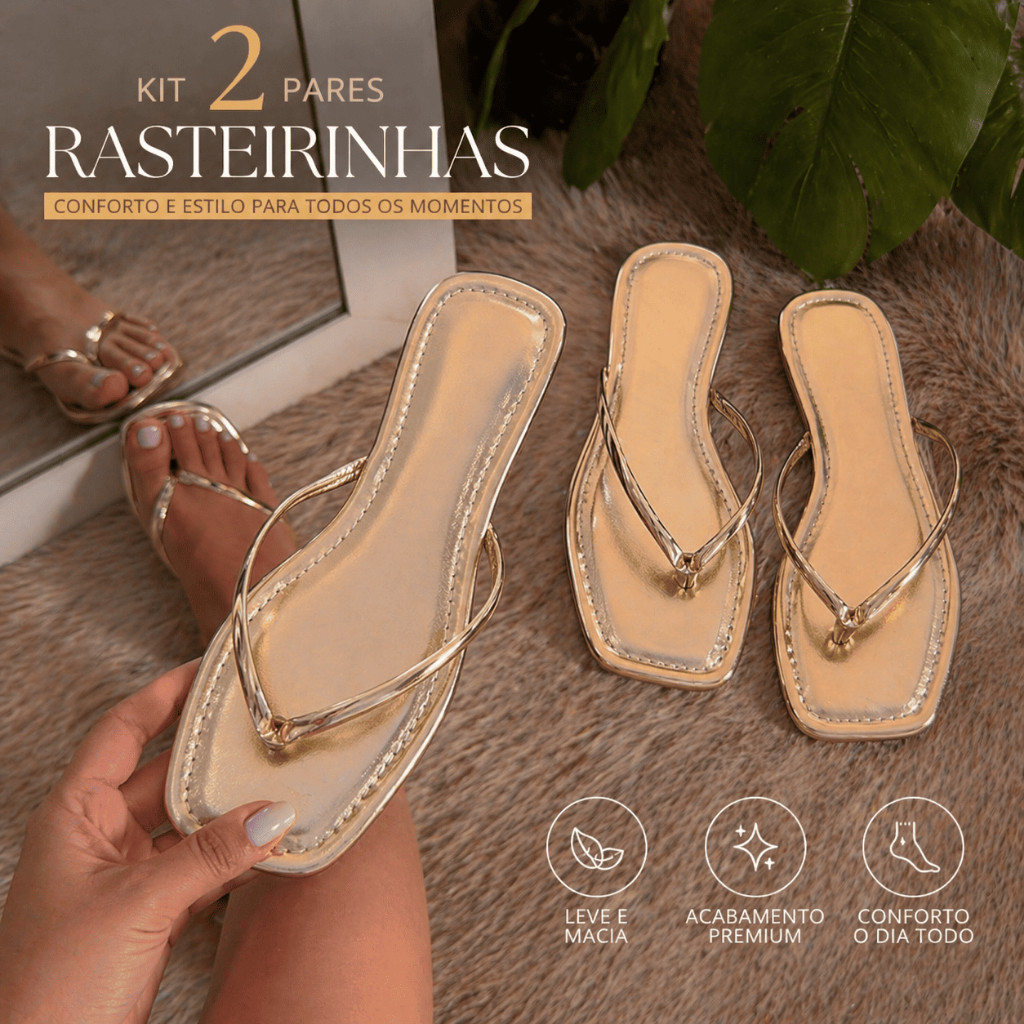 Kit 2 Sandália Rasteirinha Feminina Metalizada Tira Fina Elegante Festa Casamento Moderna