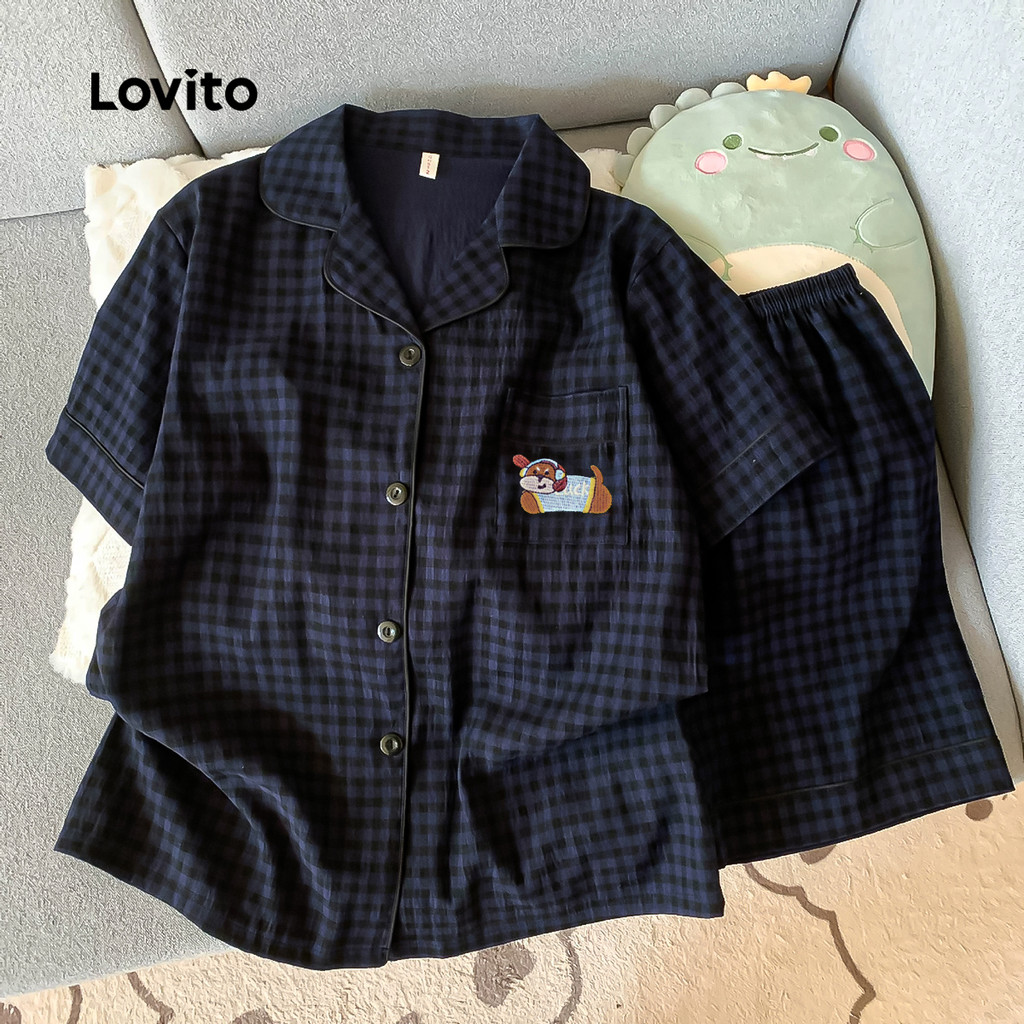 Lovito Conjunto Pijama 2 Peças Estilo Japonês Xadrez Bordado Animado Roupa Casa Feminina LNE134154