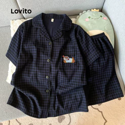 Lovito Fecho Frontal Casual Conjunto Pijama 2 Peças Estilo Japonês Xadrez Bordado Animado Roupa Casa Feminina LNE134154