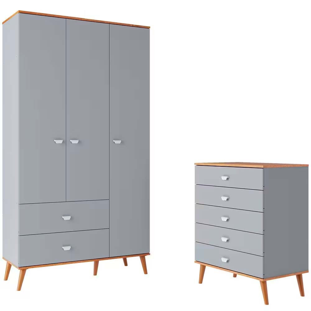 Guarda-Roupa Ternura com 3 Portas, 2 Gavetas Bartira + Cômoda Ternura com 5 Gavetas Bartira