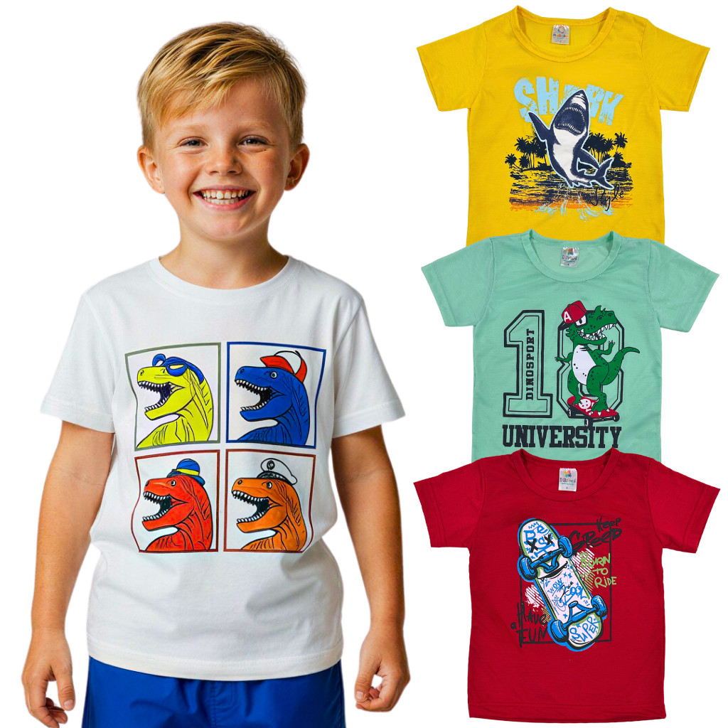 Kit 3 Camiseta Infantil Manga Curta ou Regatas Menino Sortido Blusa Verão Roupa Masculina Bebê