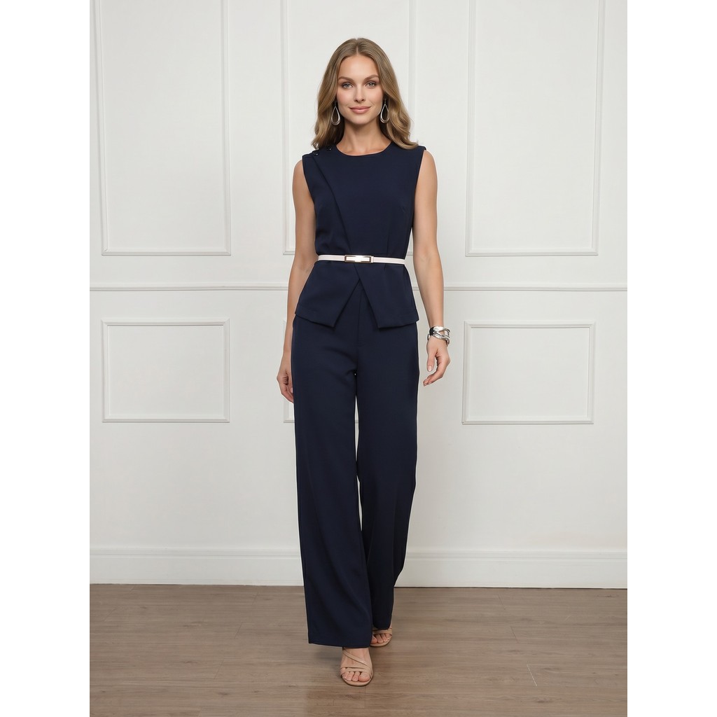 Conjunto Feminino Social –  Regata Gola Redonda e Calça Reta em Alfaiataria Para Ocasiões Formais ou Casuais