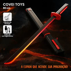 KIT Espada Samurai Grande 80Cm Katana Com Led RGB Faisca Fumaça Sabre de Luz Iluminado Covei Toys