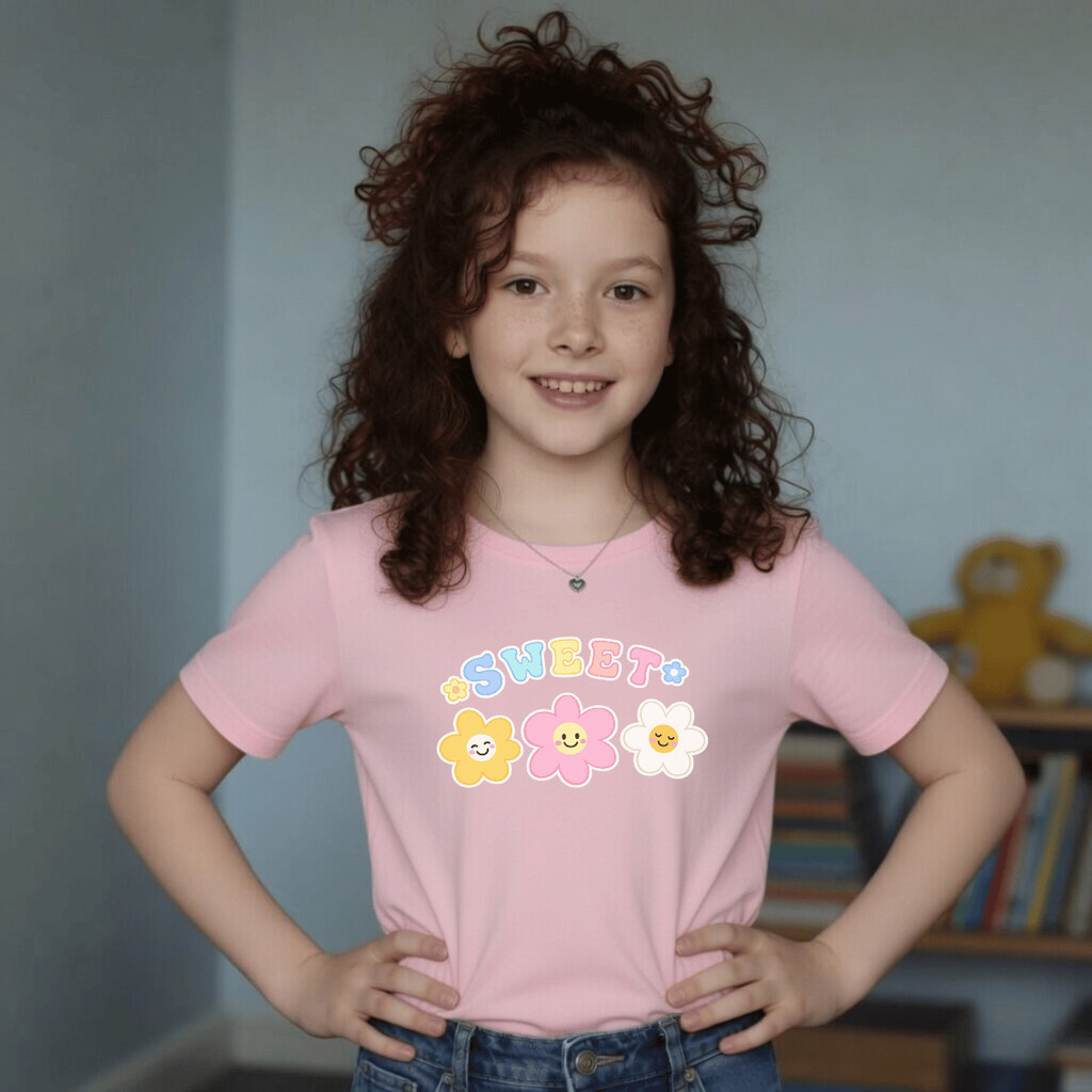 Camiseta Infantil Estampada Criança Flores Sweet 100% Básica Manga Curta Unissex Masculina e Feminino Básica