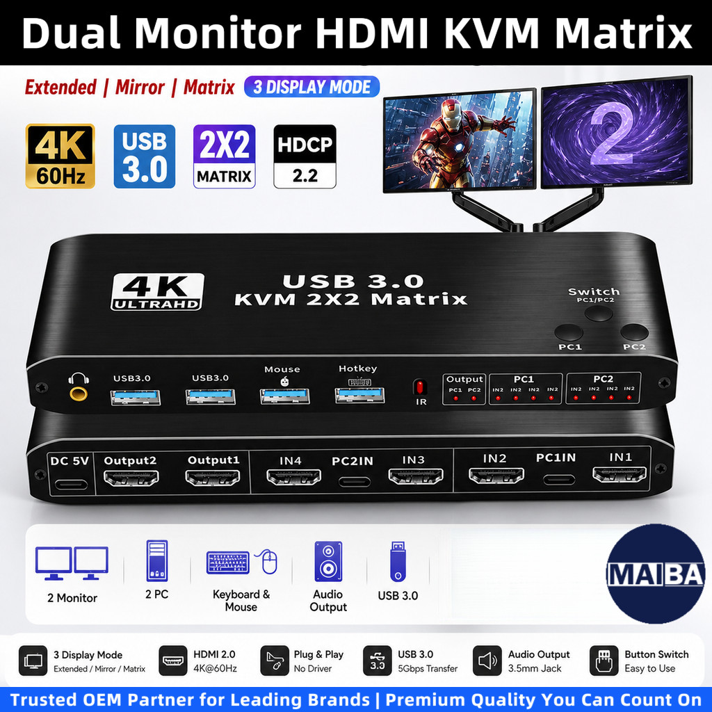 4K 2x2 Tela Dupla HDMI KVM Matrix Switch 2 Em 2 Out Suporte Estender Display Para 2 PC Share 2 Monitor Estendido K & M