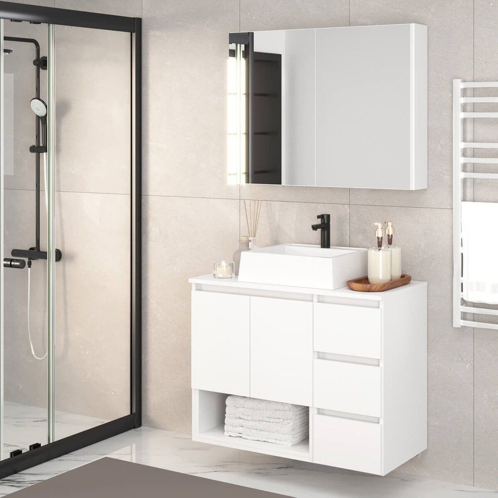 Gabinete de Banheiro 80cm Vitória com Espelheira e Cuba Branco Branco