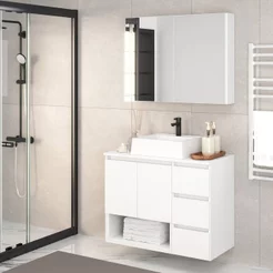 Gabinete de Banheiro 80cm Vitória com Espelheira e Cuba Branco Branco