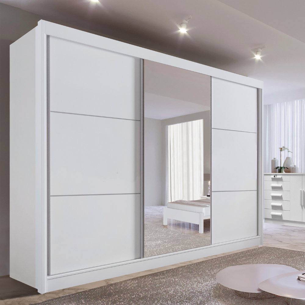 Guarda Roupa com Espelho Casal 3 Portas 6 Gavetas 100% MDF Miami Branco Branco