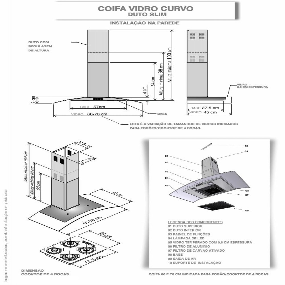 Coifa de Parede 70cm Vidro Curvo Duto Slim Fogatti Inox · foto 2