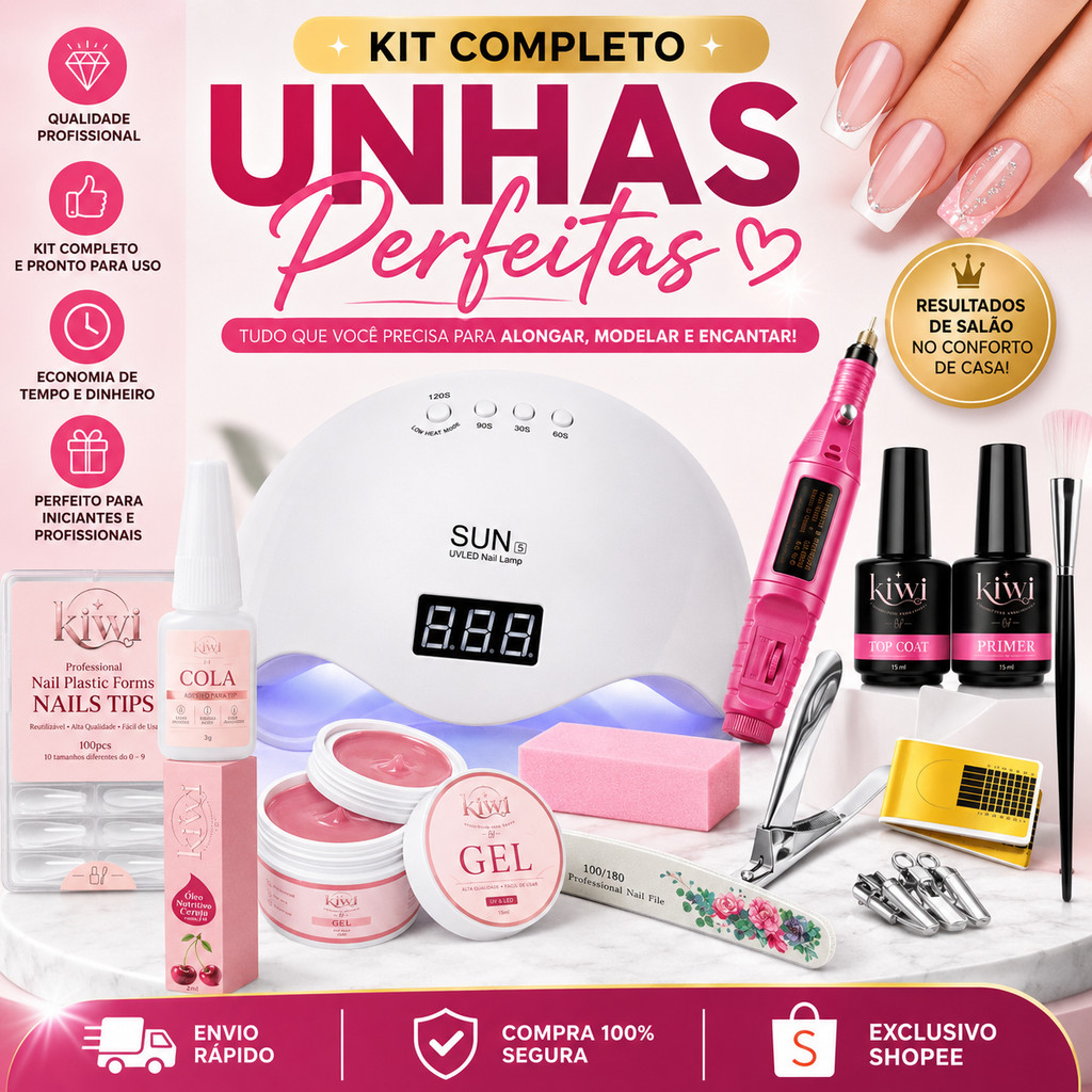 Kit Alongamento de Unha Lixadeira Motor Completo Acrigel Manicure Top e Primer Fibra Cabine Sun 5 Unhas Gel Manicure