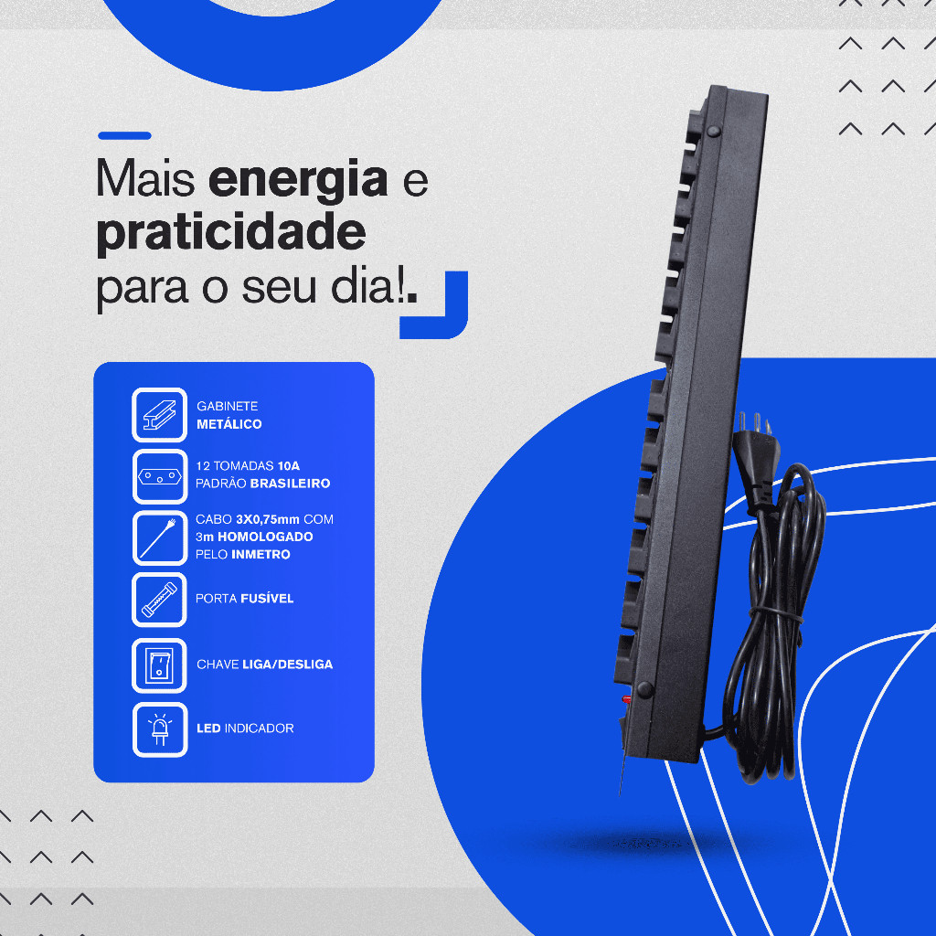 Filtro Linha Regua Rack19" 12 Tomadas 10A 2P+T 3 Metros Tomadas Eletricas Energia Bivolt