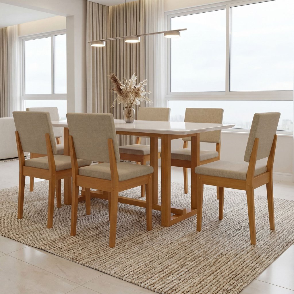 Conjunto Sala de Jantar Mesa 6 Cadeiras MDF Filadélfia Miami Marrom Cerejeira/Palha