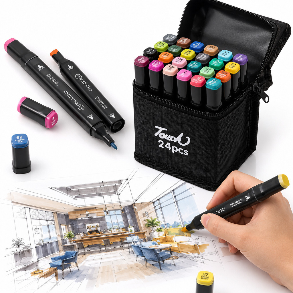 Kit Caneta Marker Touch 24 Cores Ponta Chanfrada e Fina Para Mangá Sketch Arquitetura e Arte