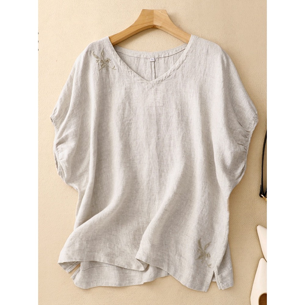 Primeira linha contador loja estilo chinês bordado algodão linho manga curta camiseta feminina verão tamanho grande cobr