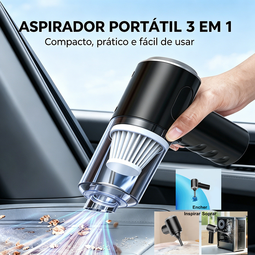 Aspirador Portátil 3 em 1 Sem Fio Potente Mini Aspirador Carro Casa USB Recarregável